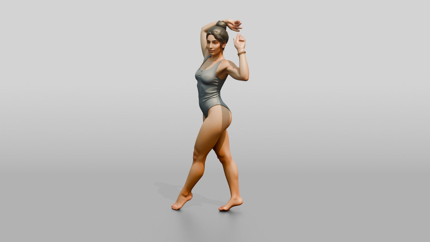 Woman in Grey One-Piece Swimsuit Posing Arms Raised