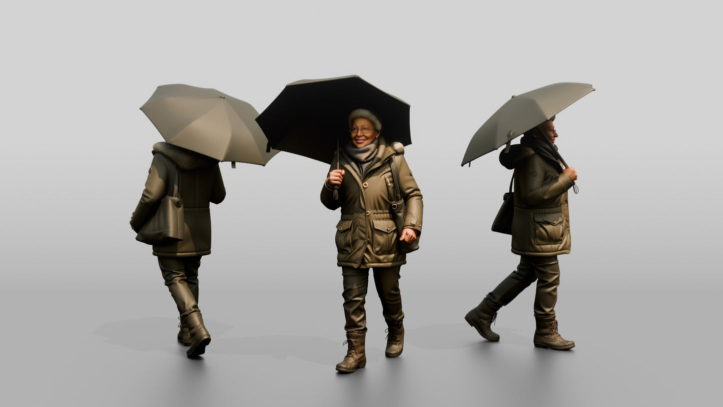 Elderly Black Woman in Heavy Coat with Umbrella