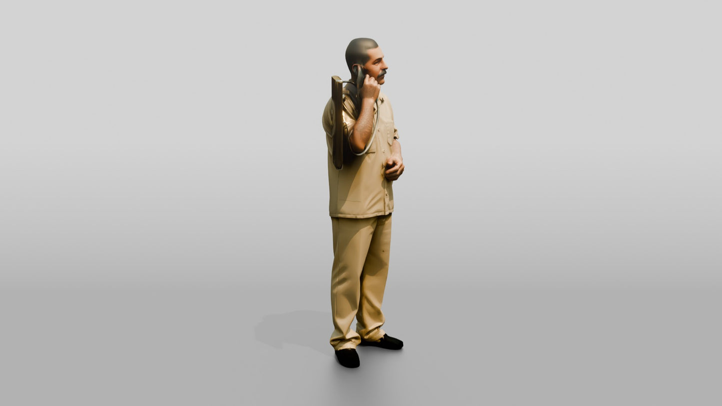 Latino Male Prisoner in a Khaki Uniform Holding a Phone Receiver