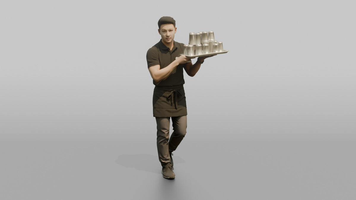 Server Man Balancing A Tray Of Empty Glasses - 3D character model, view 5