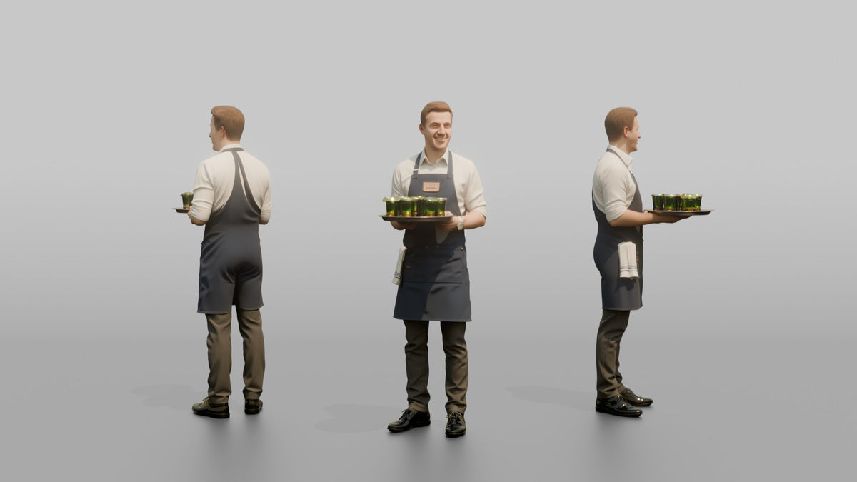 Bartender Man Holding A Tray Of Shot Glasses - 3D character model, view 1