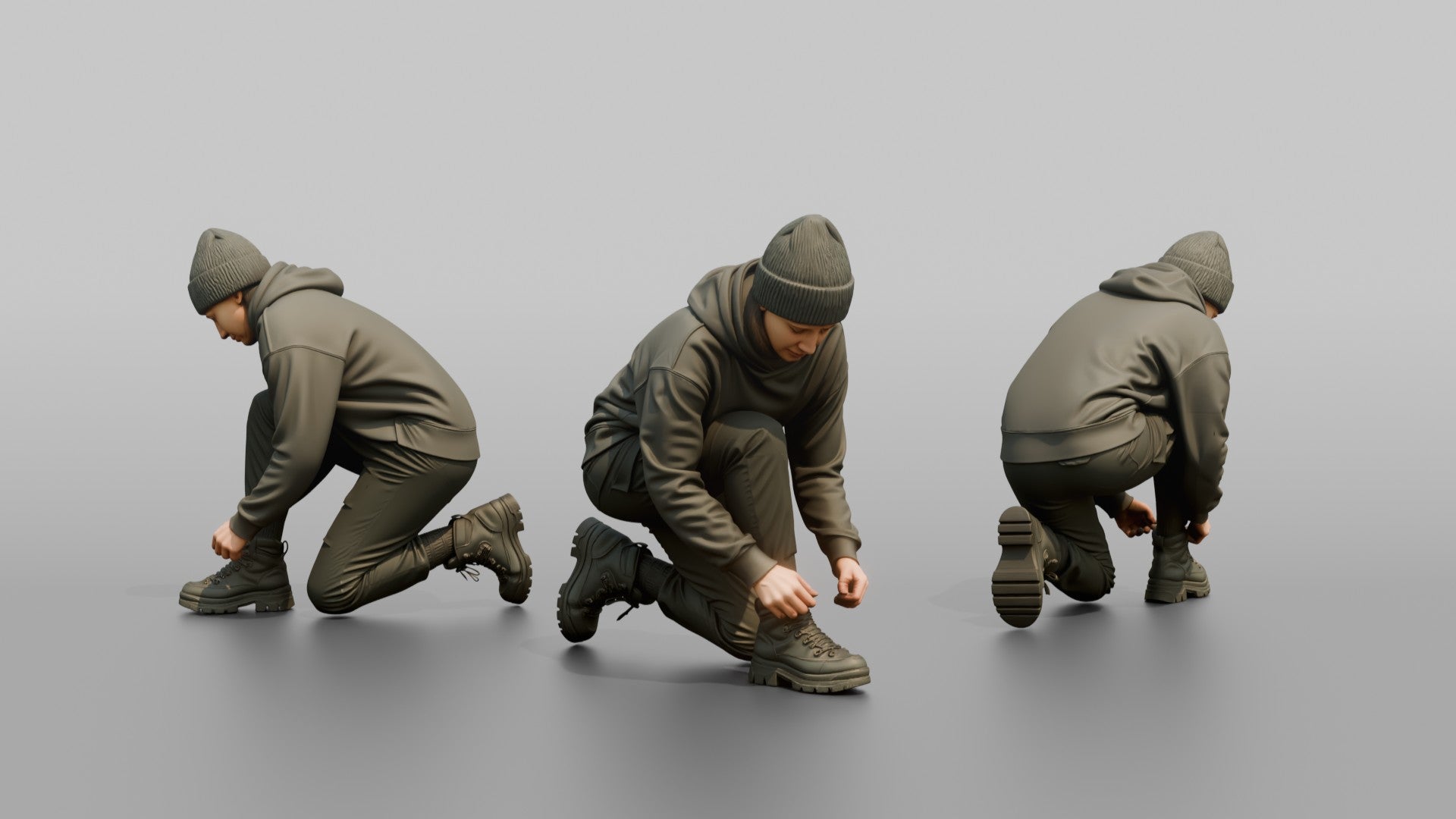 Woman Kneeling to Adjust Her Boots