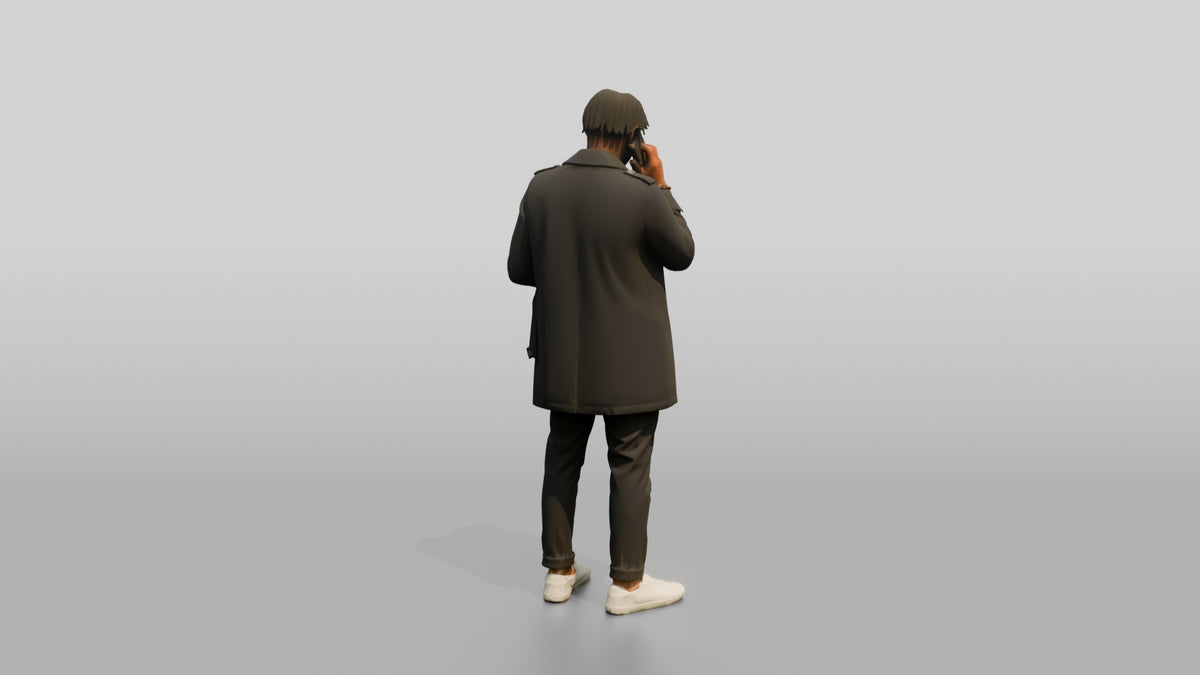 Stylish African Man in a Trench Coat on His Phone - 3D character model, view 3