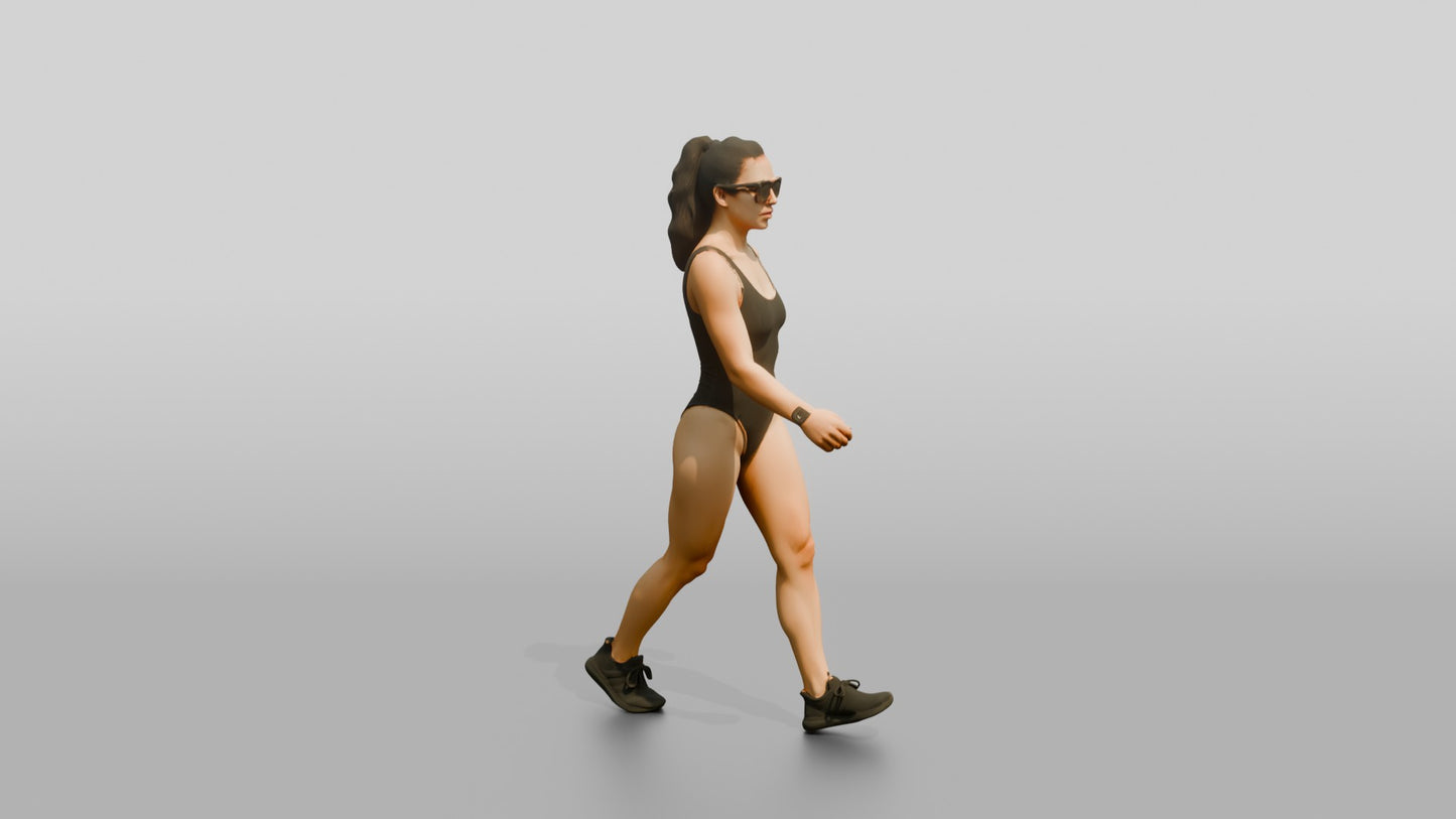 Latina Woman in Sleek Black Swimsuit Beach Walk