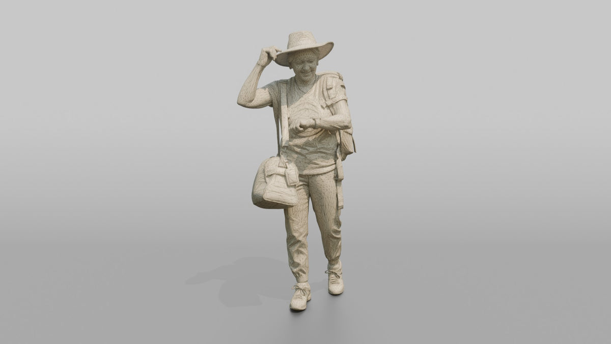 Traveler Adjusting Her Sun Hat - wireframe topology preview
