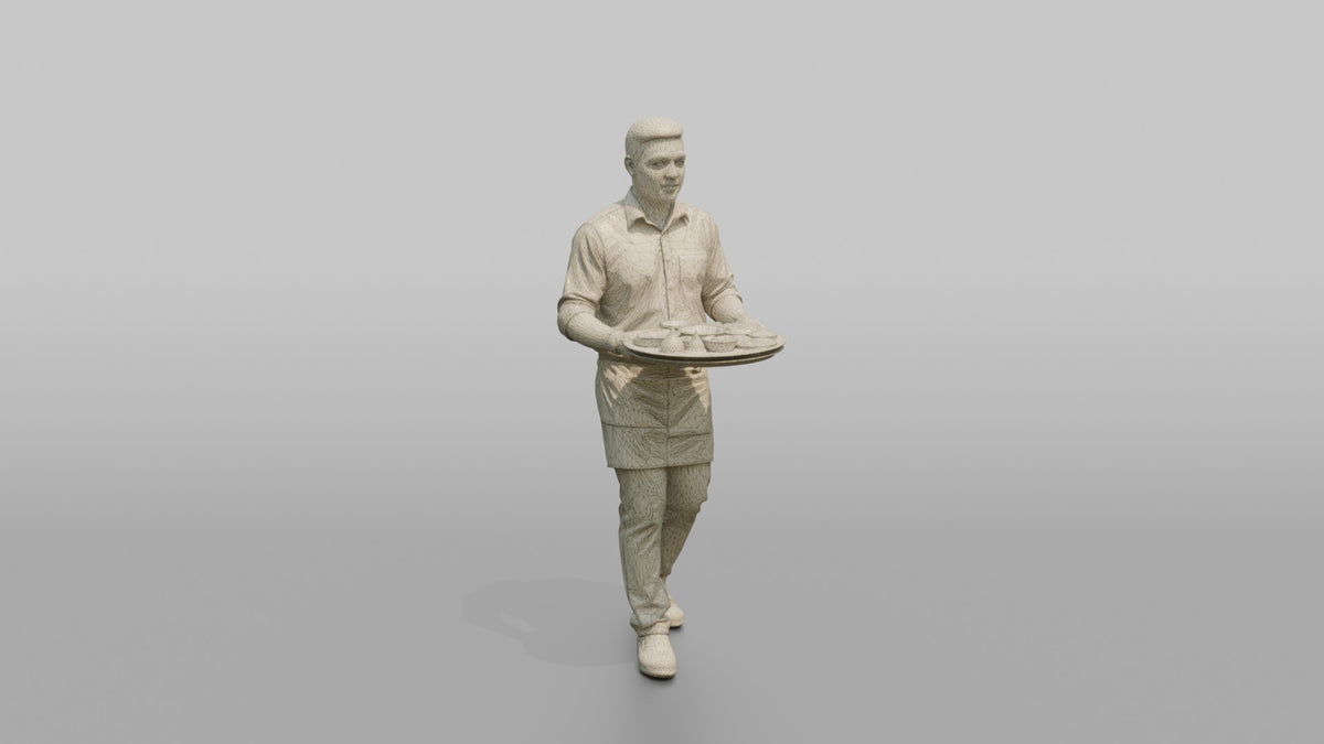 Server Man Holding A Bread Basket With Both Hands - wireframe topology preview