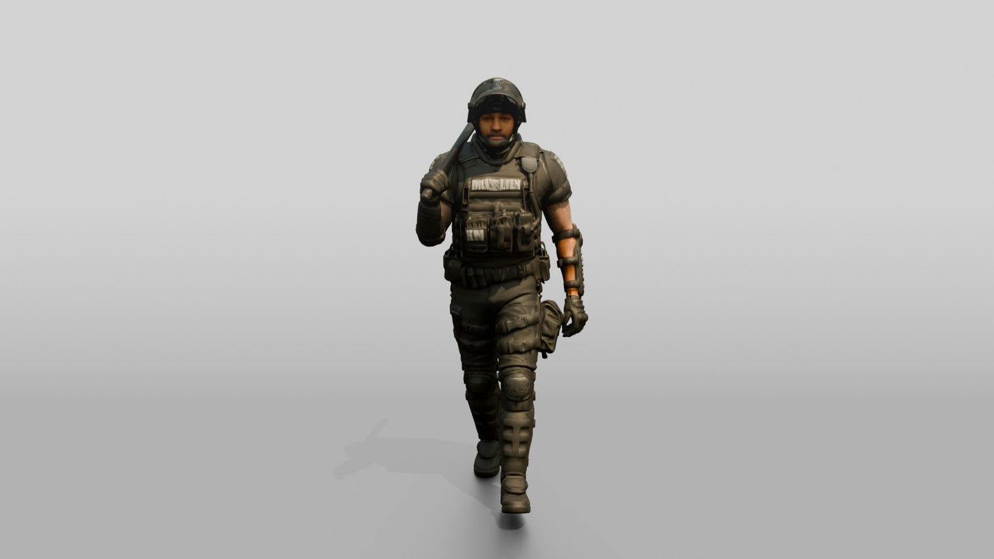 Riot Police Officer Walking with Baton