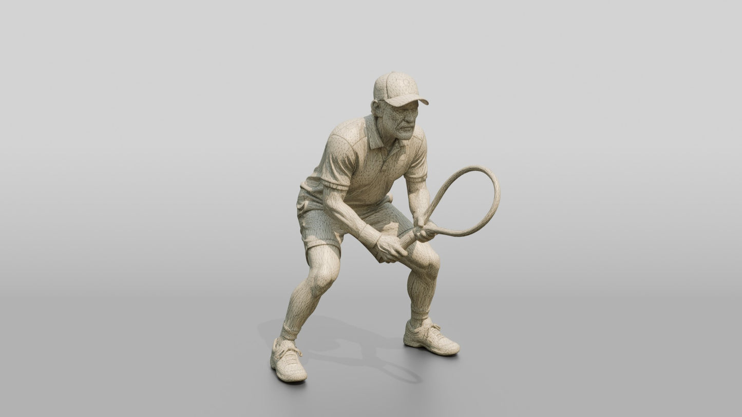 Senior Tennis Player in a Deep Defensive Stance
