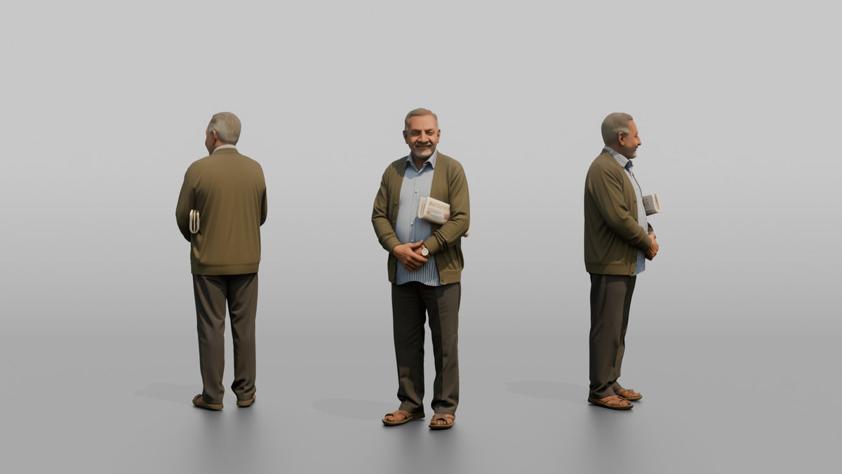 Grandfather Holding A Rolled-up Newspaper Under One Arm - 3D character model, view 1