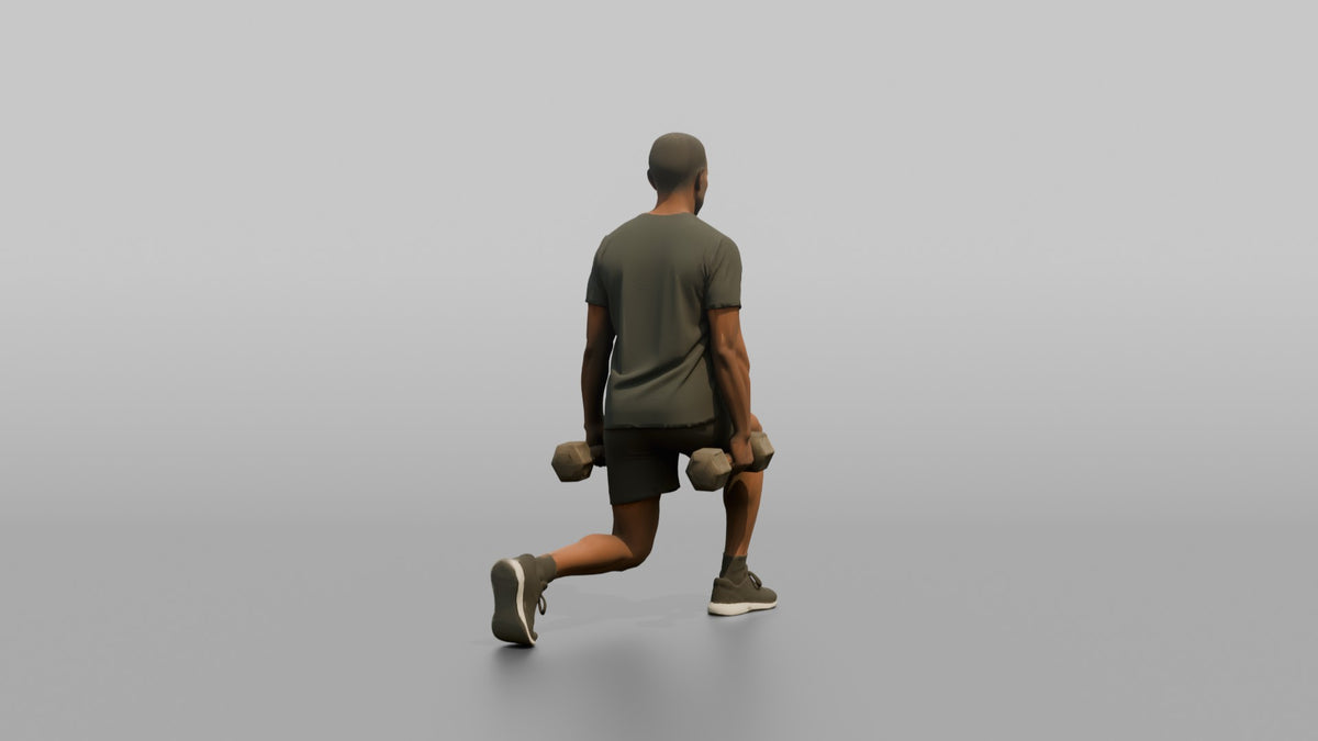 Weightlifter Man Holding Two Dumbbells At The Sides Mid-lunge - 3D character model, view 3