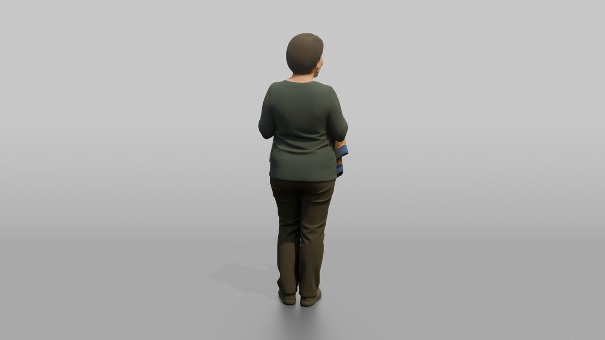 Woman Customer Holding Two Different Colored Scarves Side By Side - 3D character model, view 3