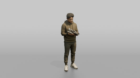 Man Customer Holding Up A Pair Of Sneakers To Inspect Them - 3D character model