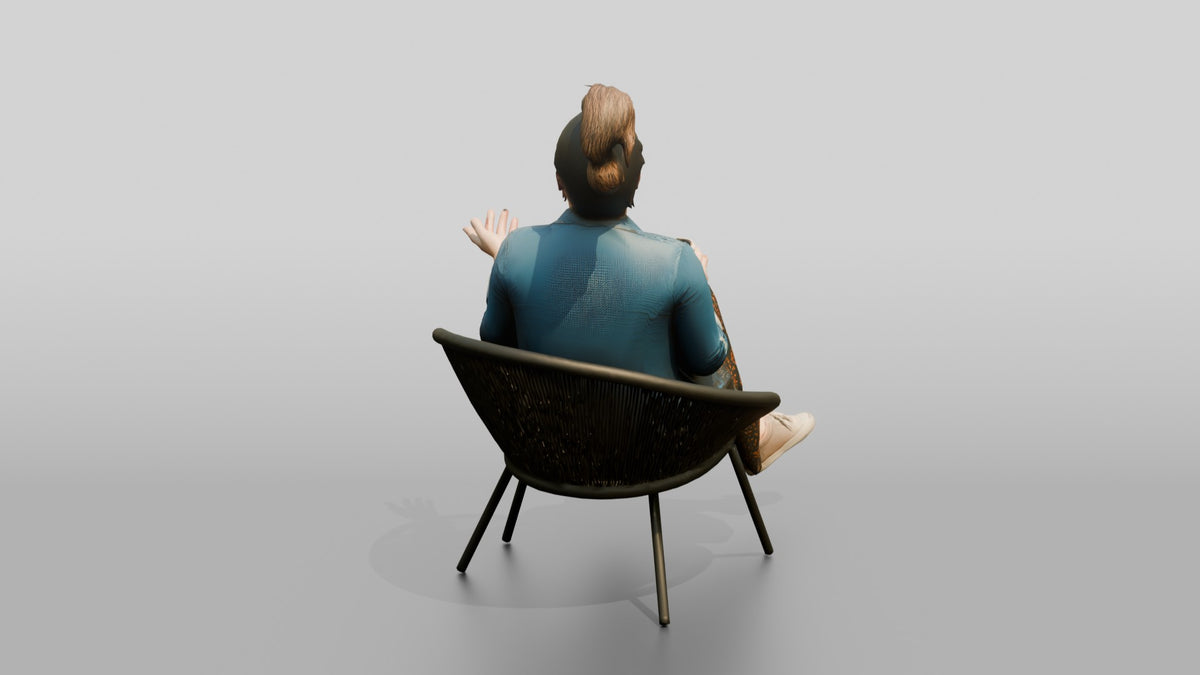 Chinese Woman Laughing While Seated with Coffee - 3D character model, view 3