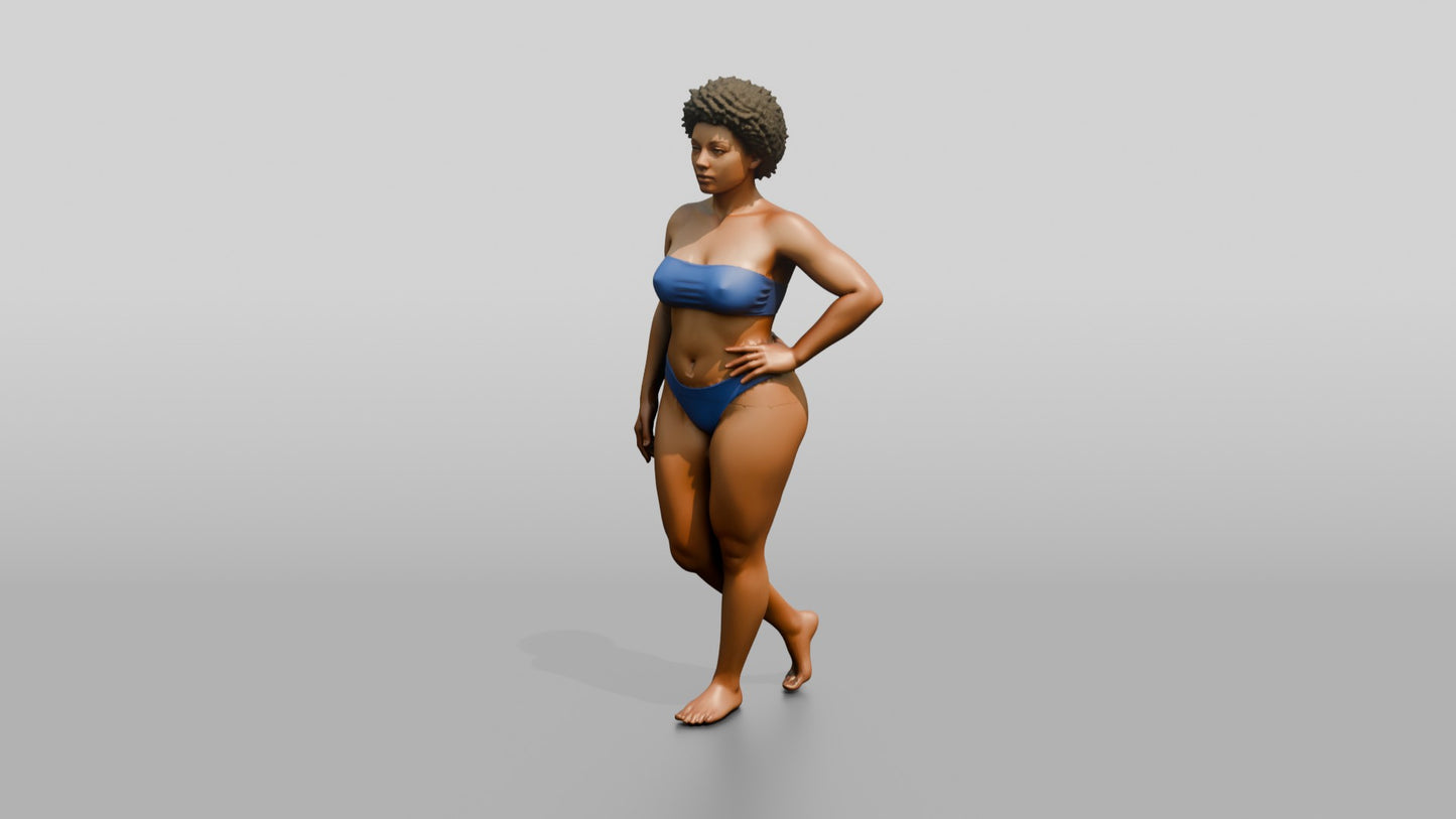 Curvy Black Woman in Blue Two-Piece Swimsuit Hand on Hip