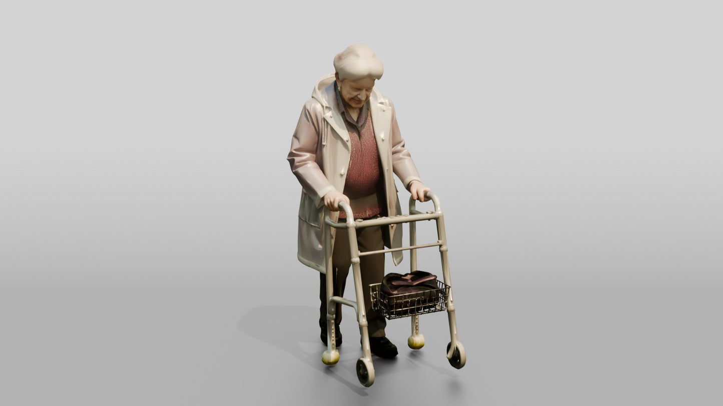 Elderly White Woman in Clear Raincoat with Walker