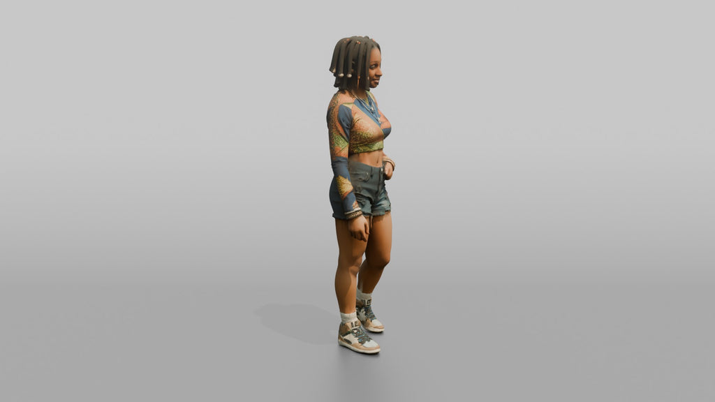 African Woman in Colorful Crop Top and Denim Shorts
