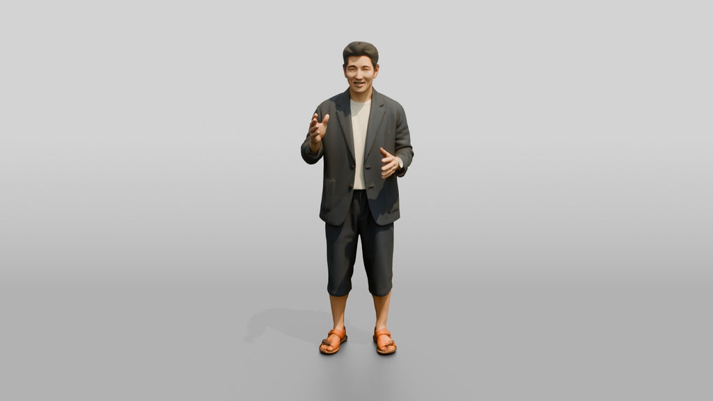 Man Gesturing in Summer Blazer and Shorts
