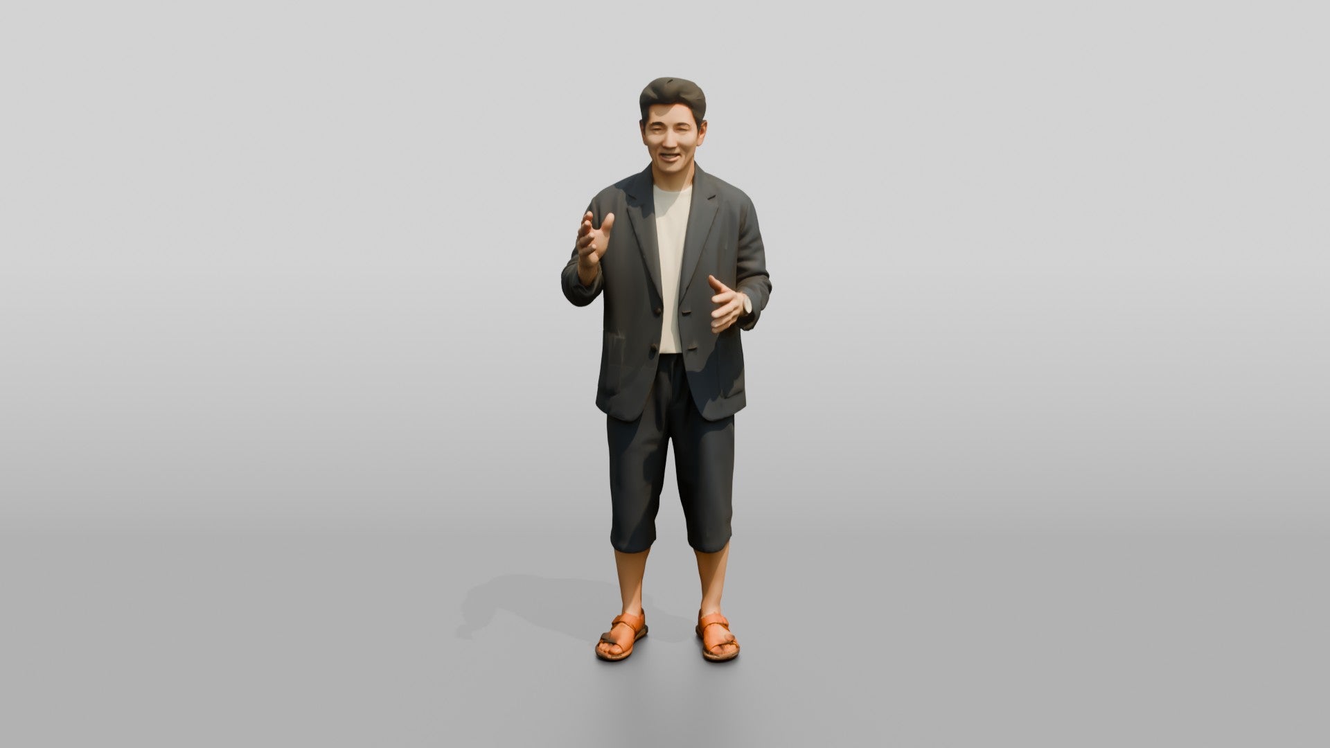 Man Gesturing in Summer Blazer and Shorts