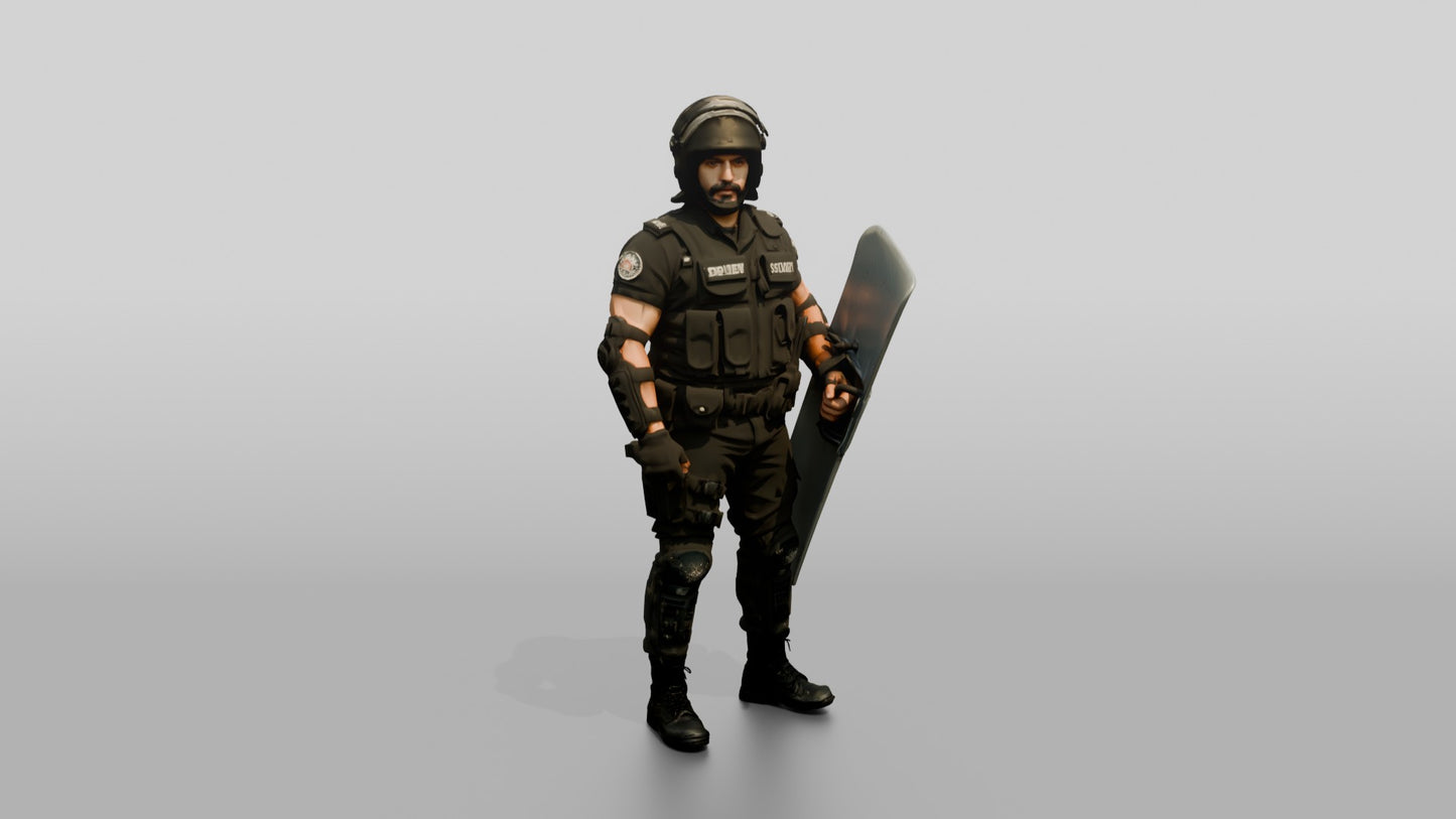 Riot Police Officer Standing with Shield