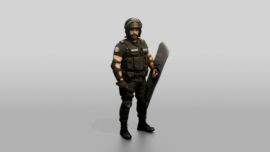 Riot Police Officer Standing with Shield - 3D character model, view 1