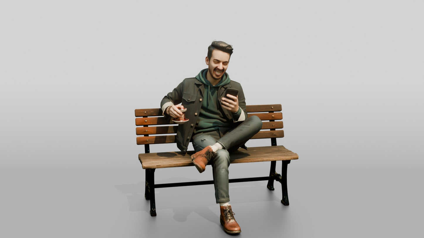 Man Laughing While Texting with Tea