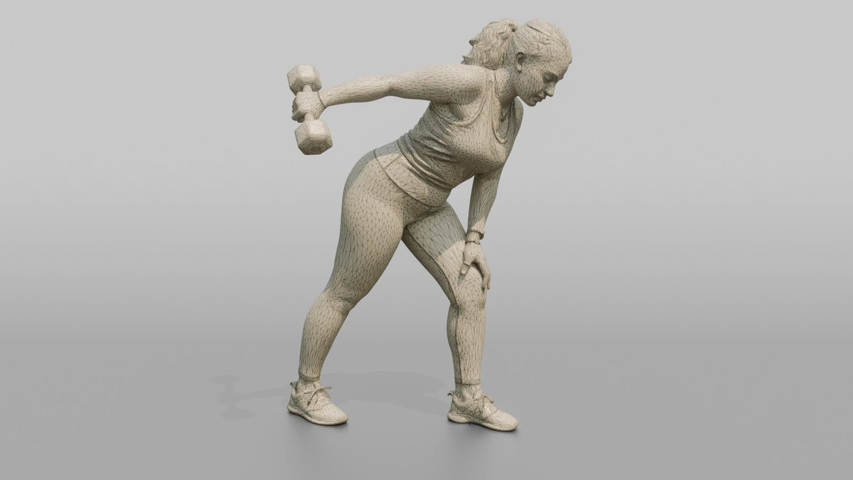 Weightlifter Woman Performing A Tricep Kickback With A Dumbbell - wireframe topology preview