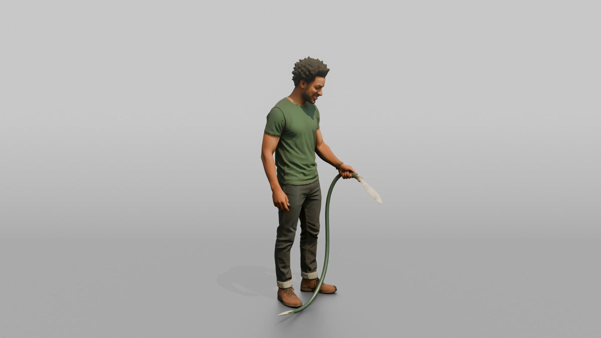 Father Holding A Garden Hose, Watering Unseen Plants - 3D character model
