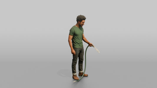 Father Holding A Garden Hose, Watering Unseen Plants - 3D character model
