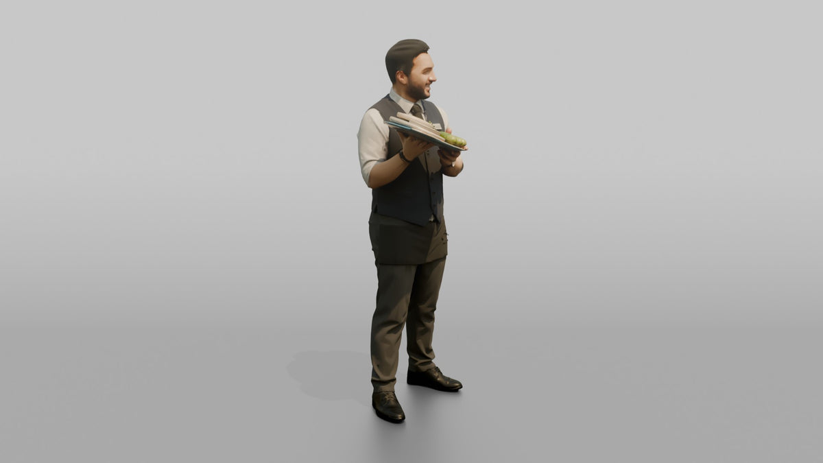 Server Man Carrying A Tray Of Appetizers - 3D character model, view 2