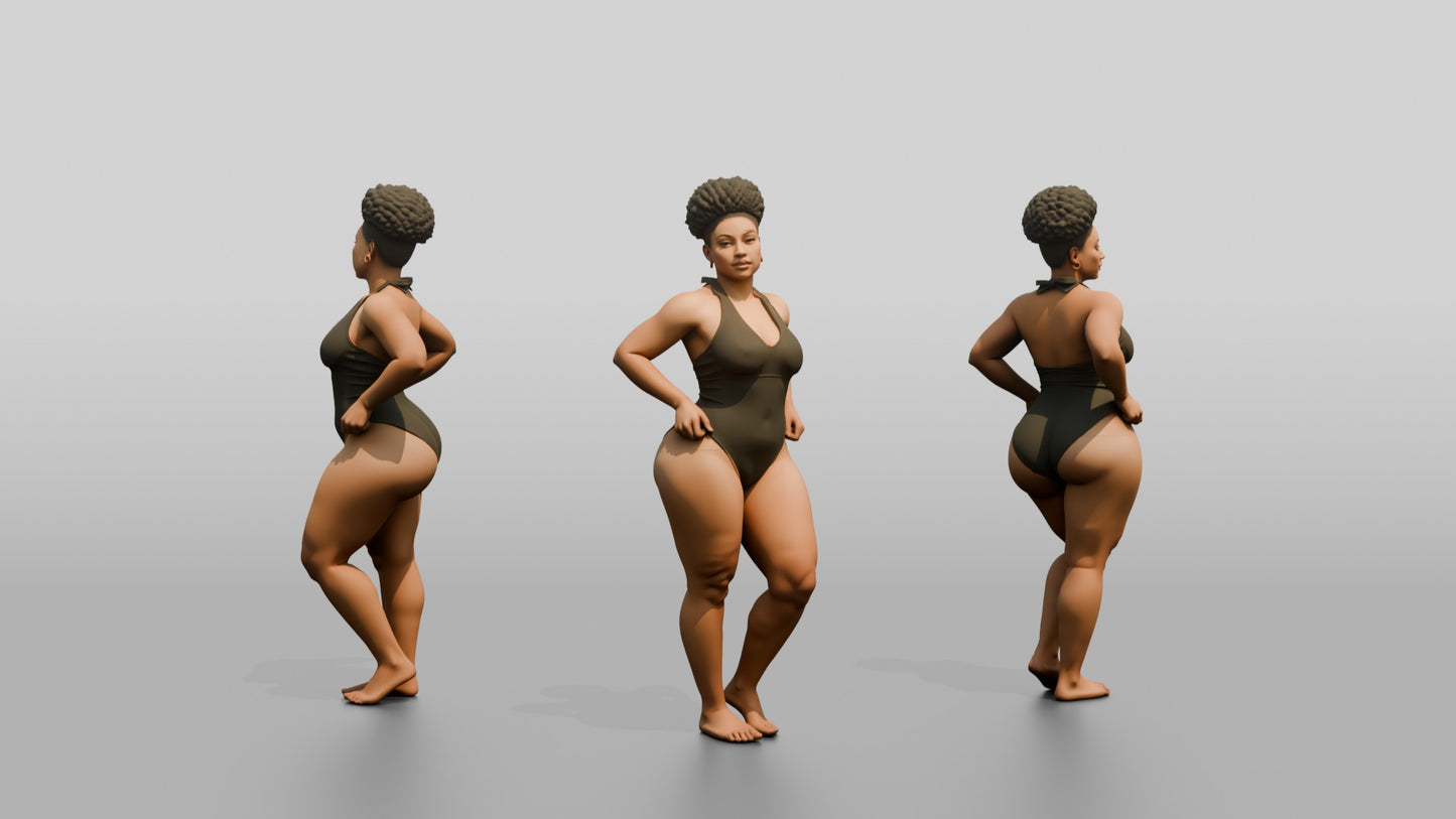 Curvy Black Woman in Olive One-Piece Swimsuit Hands on Hips