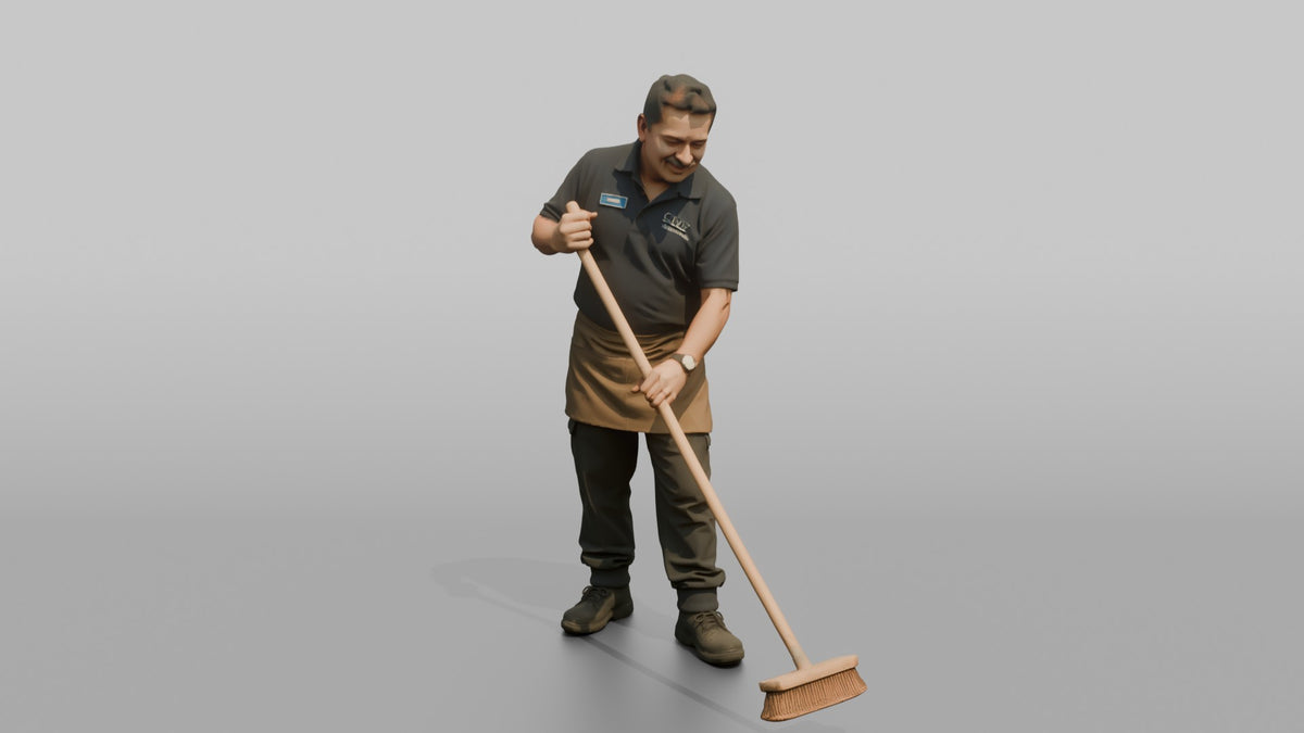 Man Store Employee Sweeping The Floor With A Broom - 3D character model, view 5