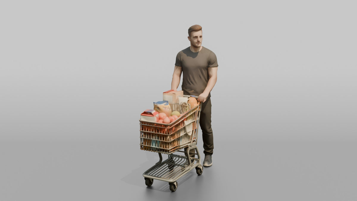 Man Customer Standing With A Shopping Cart Full Of Items - 3D character model