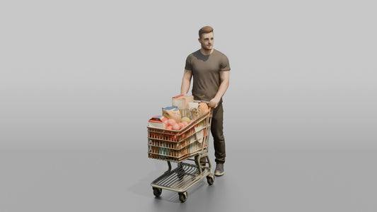 Man Customer Standing With A Shopping Cart Full Of Items - 3D character model