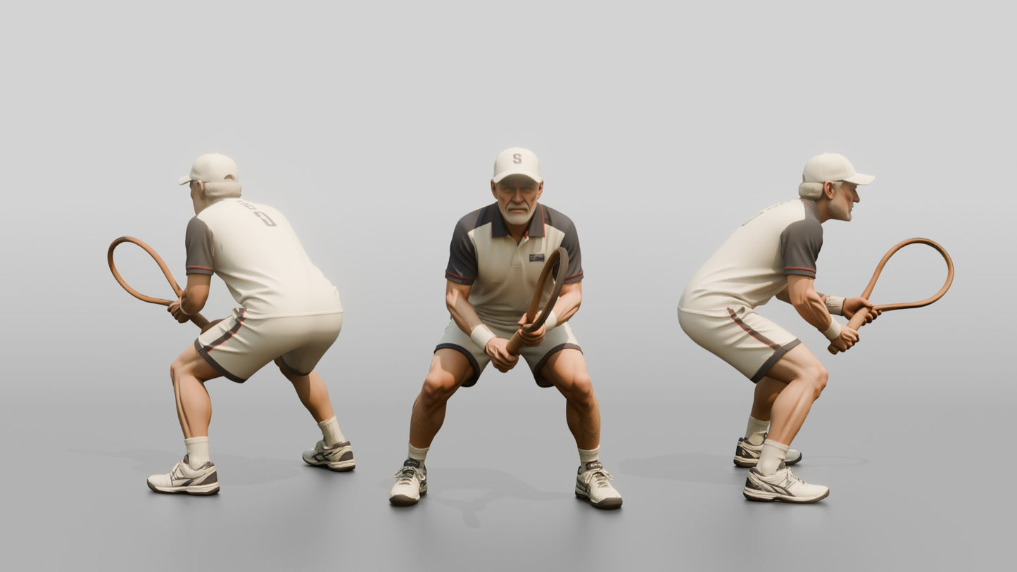 Senior Tennis Player in a Deep Defensive Stance
