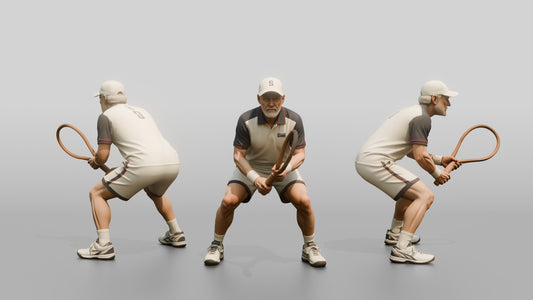 Senior Tennis Player in a Deep Defensive Stance