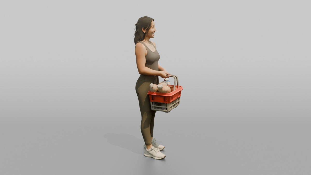 Woman Customer Holding A Shopping Basket With Both Hands - 3D character model, view 2