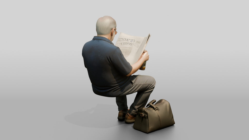 Elderly Asian Man Seated Reading Newspaper with Travel Bag