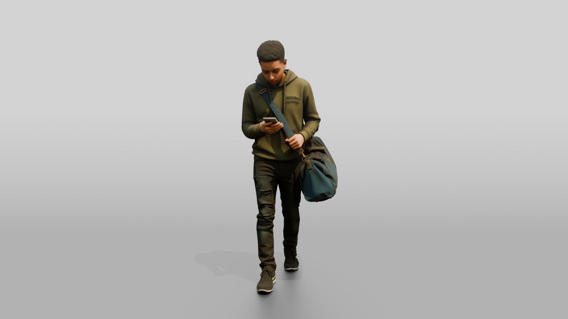 Young Black Man Walking and Looking at Phone with Duffel Bag