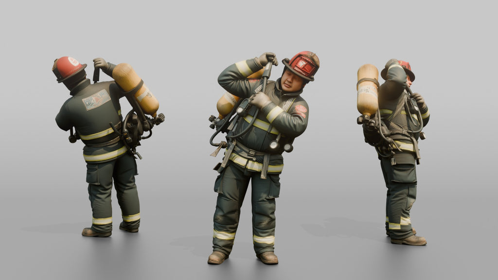 Firefighter Man Hoisting an SCBA Tank Onto His Back