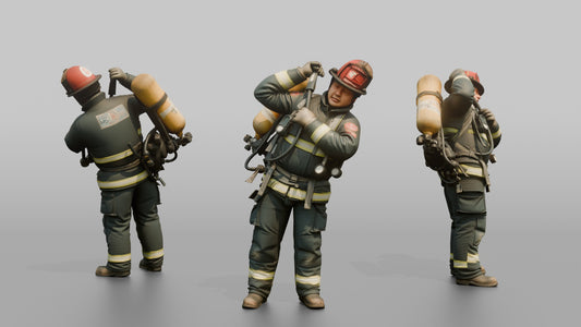 Firefighter Man Hoisting an SCBA Tank Onto His Back
