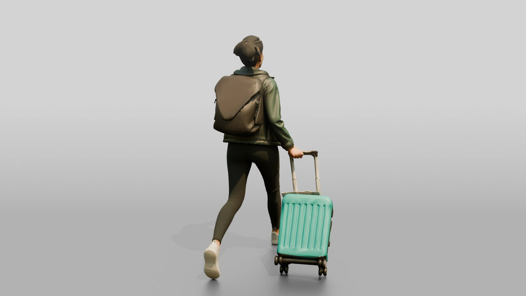 Woman Running Through Airport with Teal Suitcase and Backpack