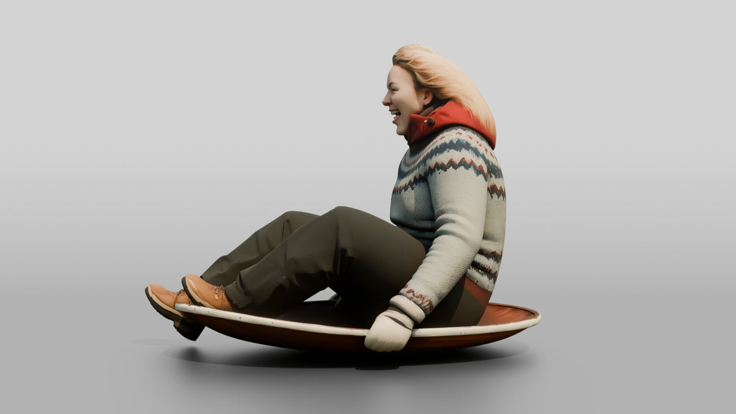 Norwegian Woman Sledding Down a Slope