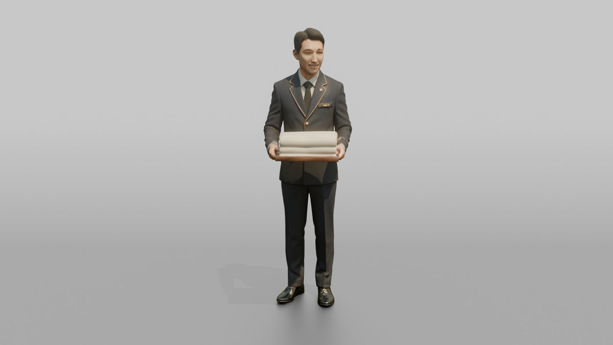 Bellhop Woman Carrying A Tray With Folded Towels - 3D character model, view 5