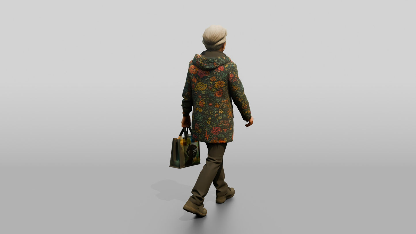 Elderly White Woman in Floral Raincoat with Shopping Bag