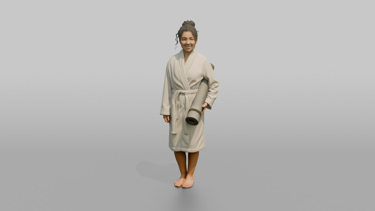 Spa Client Woman Standing Holding A Rolled Yoga Mat, Robe On - 3D character model, view 5