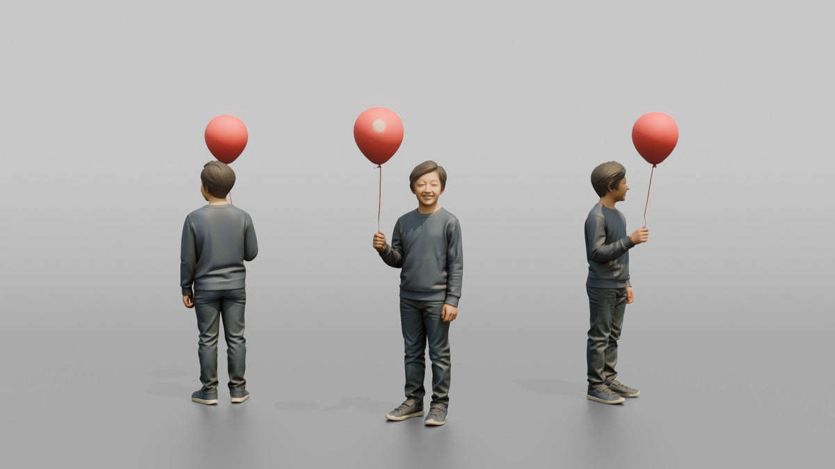 Son Holding A Red Balloon By Its String - 3D character model, view 1