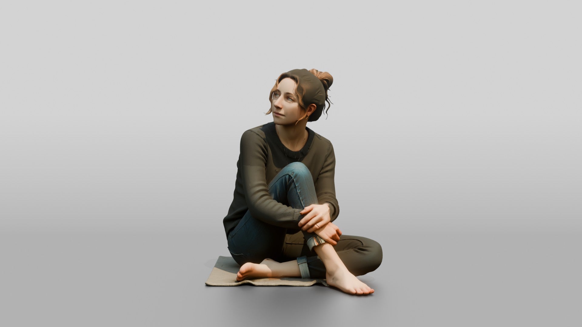 Homeless Woman Looking Up Thoughtfully with Chin Resting on Her Knee