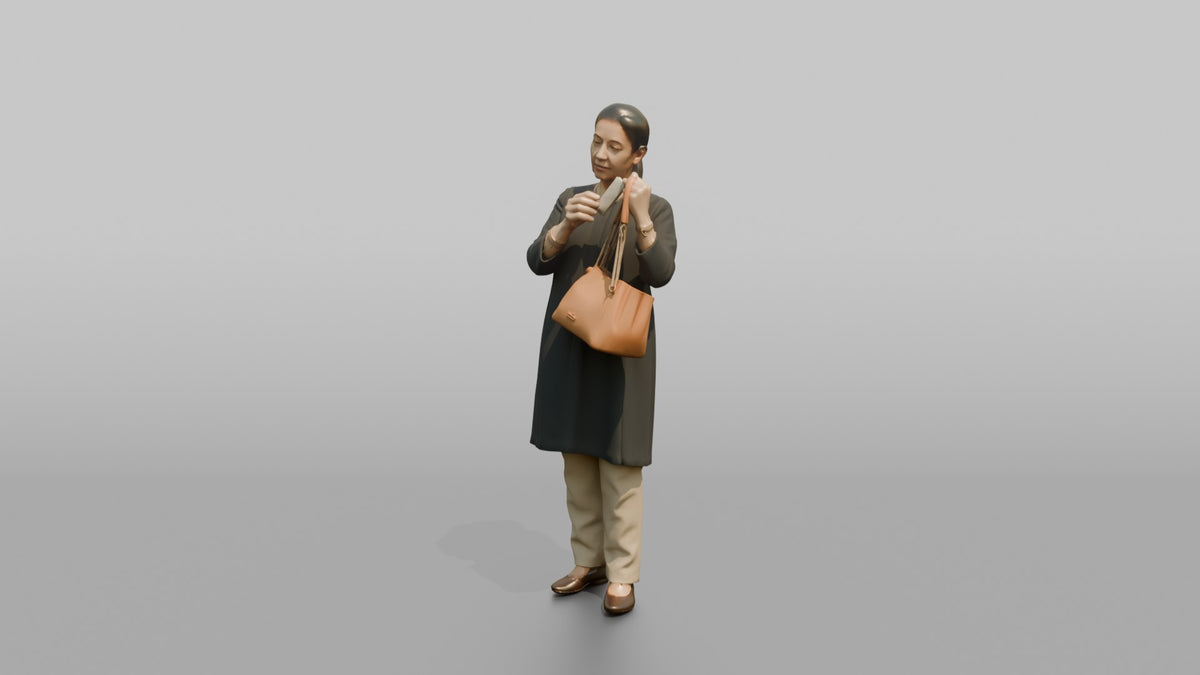 Woman Customer Examining The Price Tag On A Handbag - 3D character model, view 4