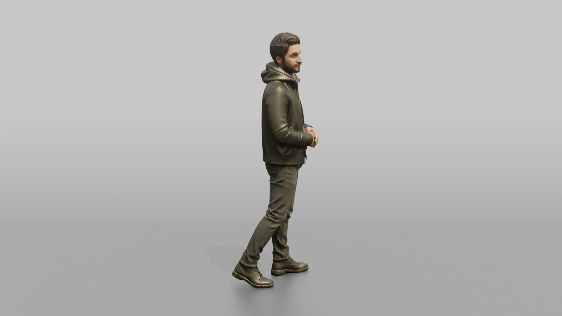 Young Man in Olive Leather Jacket and Boots