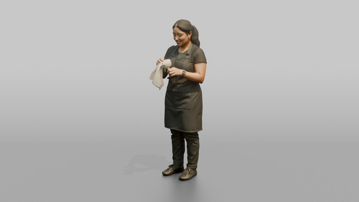 Bartender Woman Wiping A Cocktail Glass With A Bar Towel - 3D character model, view 4